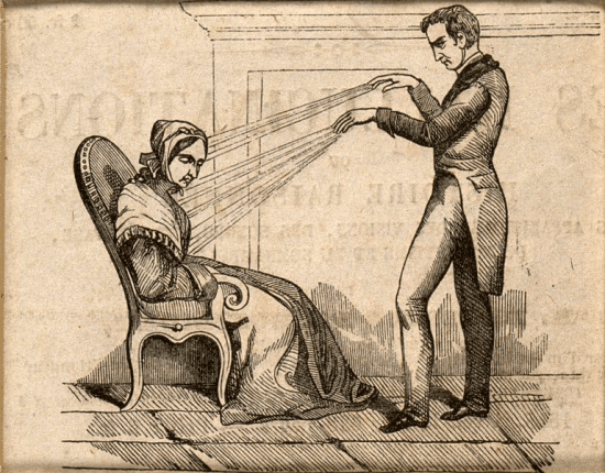 A practitioner of mesmerism using animal magnetism on a woman who responds with convulsions